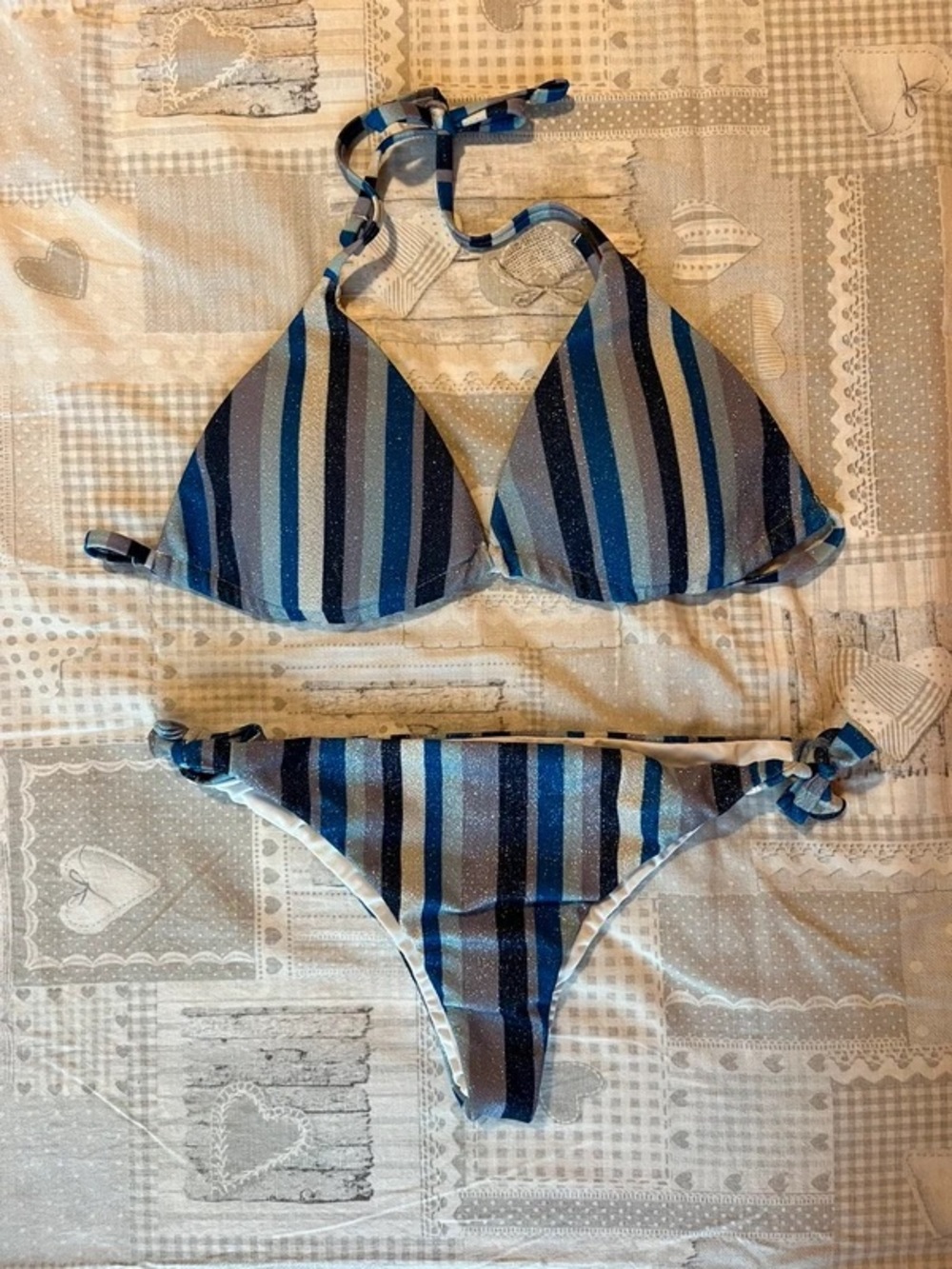 Striped Blue Tie-Side Triangle Bikini